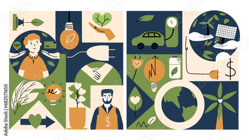 Two modern card with ESG concept. Postcard about environmental, social governance and environmental sustainability. Vector illustration in flat style