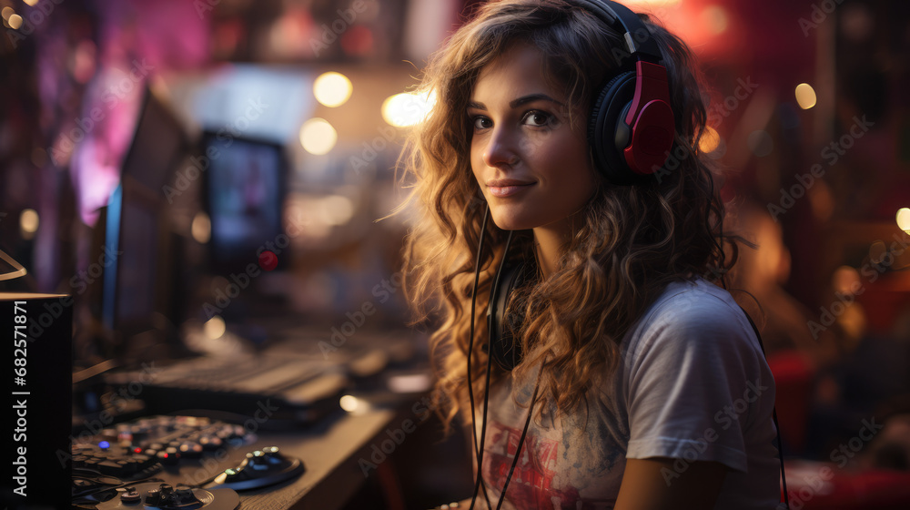 portrait of a young woman with headphones portrait of a young woman with headphones