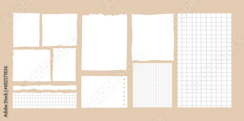 Torn sheets of paper set. Torn strips of white and checkered paper. Vector illustration