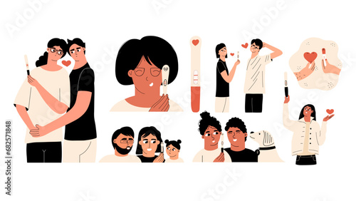 Pregnancy set. Different families rejoice over a positive pregnancy test. Two stripes on the test. Vector illustration.