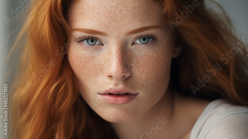 Ginger-Haired Beauty Model with Freckles Portrait. Generative ai