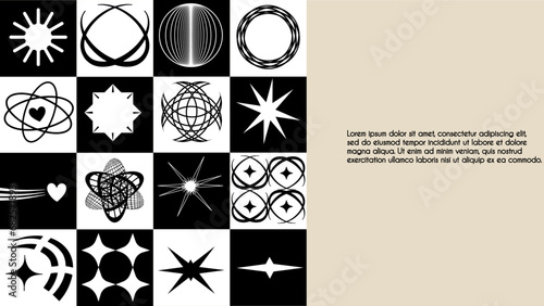 Y2K vector template with geometric brutalism shapes. Retro elements and abstract element. Modern design form wallpaper, banner.