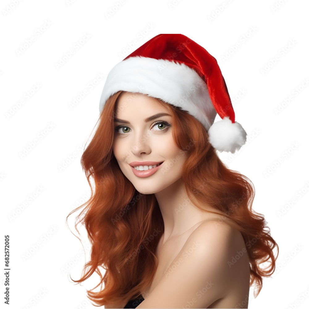 Santa Claus Hat Adorned by Beautiful Redhead Girl Celebrating Christmas, Isolated on Transparent Background, PNG
