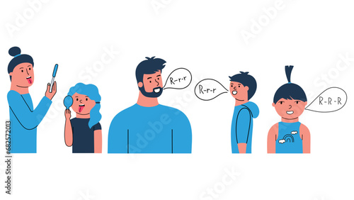The speech therapist teaches the child language skills, articulation. A set of people, a man speaks to a boy, a woman shows a girl how to pronounce words. Vector hand drawn illustration photo