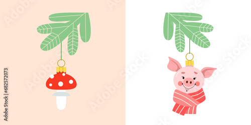 Set of Christmas tree toys on string in shape of fly agaric and pig’s head in red knitted scarf. Cute vector greeting card of good luck symbols in flat style.