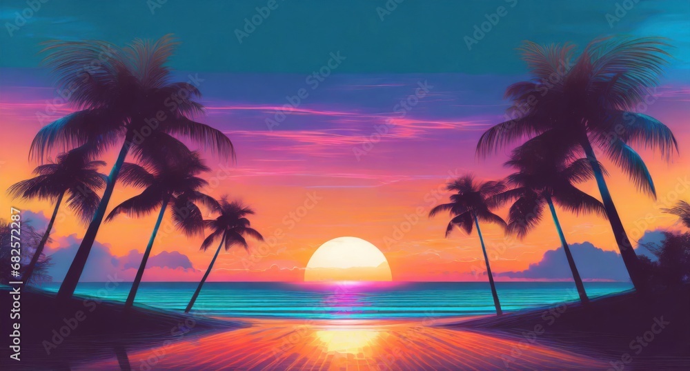 retrowave sunset on the beach