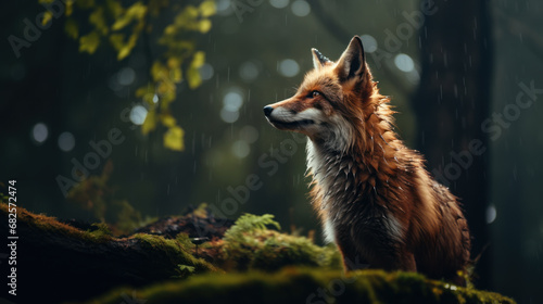 Fluffy red fox in summer forest, rainy weather