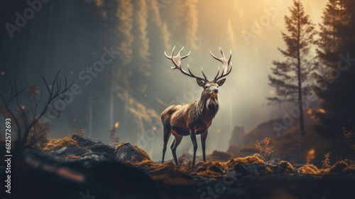 Deer with great antlers in forest  mystical foggy sunrise