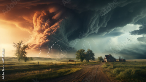 Huge supercell, tornado over farmland