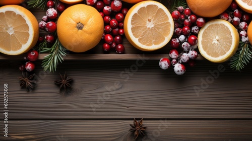Top view of festive Christmas fruits and spices on wooden background.