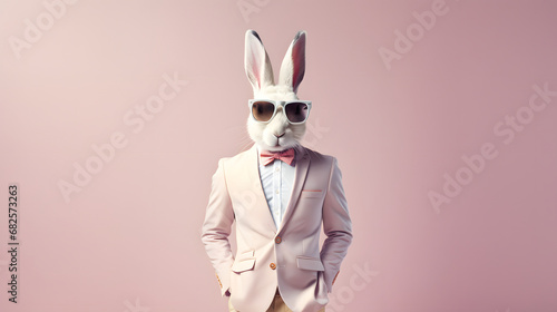 Unrealistic, creative, minimal portrait of a wild animal dressed up as a man in elegant clothes. A rabbit standing on two legs in business modern suit. Easter card.