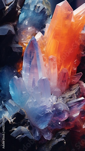 Crystal formations in vibrant colors, emerging from a misty backdrop.