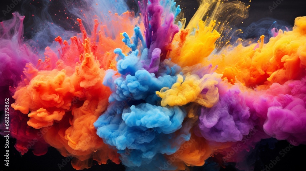A dynamic explosion of colored powder, creating a cloud of vibrant hues in a black void.