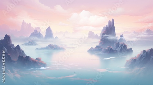 A dreamlike vista of floating, pastel-colored islands in a serene, misty sky.