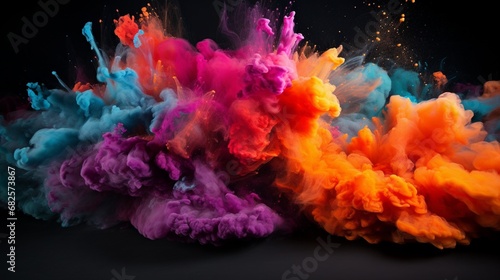 A dynamic explosion of colored powder  creating a cloud of vibrant hues in a black void.