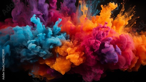 A dynamic explosion of colored powder, creating a cloud of vibrant hues in a black void.