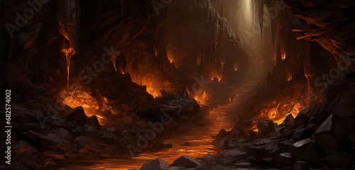 A flowing river of molten gold and silver in a dark cavern.