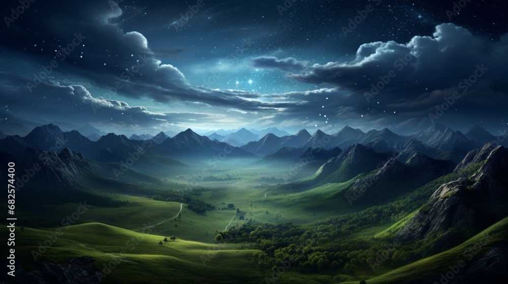 A serene landscape of smooth, rolling hills made of glass under a clear, starlit sky.