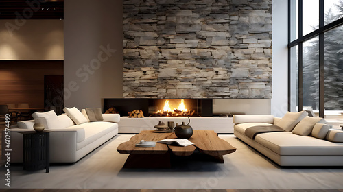 Wooden live edge accent coffee table between white sofas by fireplace in stone cladding wall. Minimalist style home interior design of modern living room in villa