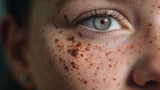 Close-up of a Person with Freckles and Problematic Large Moles. Woman with Problematic Freckles and Problematic Skin.