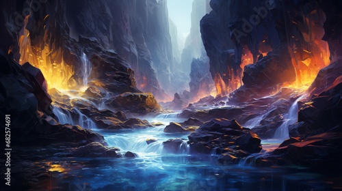 A vibrant, flowing river of liquid light, snaking through a dark, rocky terrain.