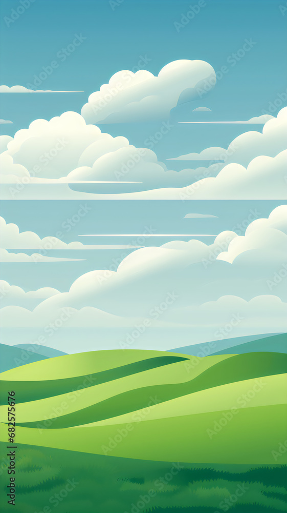 illustration of a tranquil expanse of lush green hills, under a vast canvas of billowy clouds