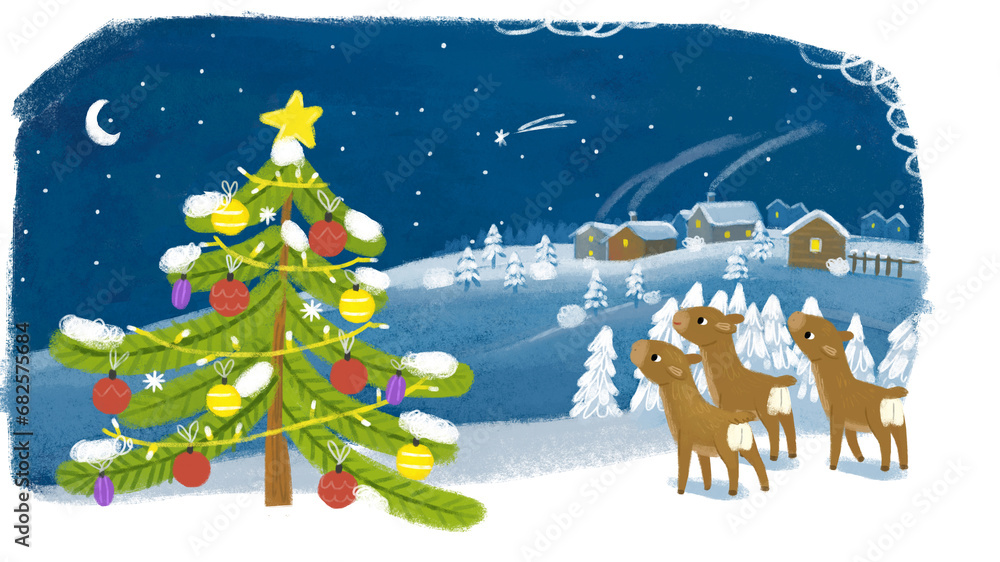cartoon happy scene with christmas tree and deers illustration for children