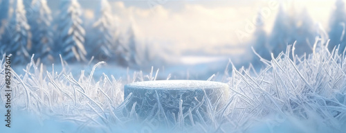 Winter white frost in nature background. Frosted grass and shrubs in valley against forest mountain landscape. Atmospheric frost-covered dry plants during snowfall in the morning. © Igor Tichonow