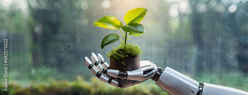 Robot Hand Holding green sprout seedling for planting in greenhouse. Concept of saving planet earth using Artificial Intelligence. Background hi-tech in agriculture. Cultivation, nature conservation.
