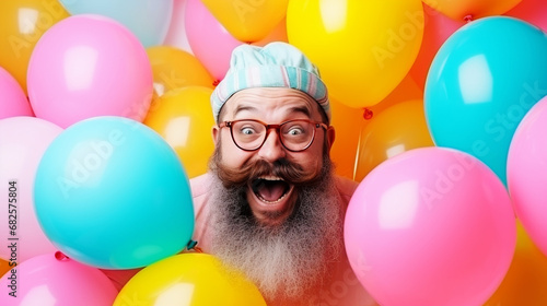  Party time.Joy fun and happiness concept. Happy bearded man