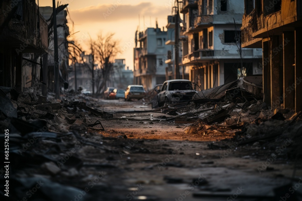 Ruins of the city after the war. Background with selective focus and copy space Ruins of the city after the war. Background with selective focus and copy space