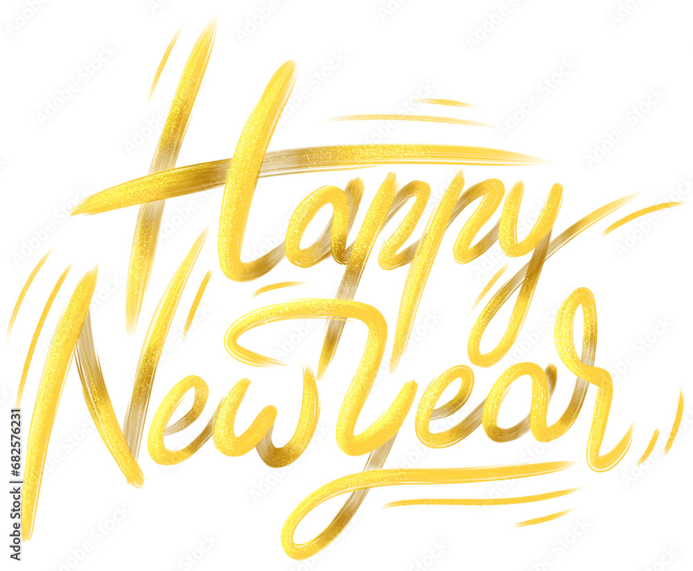 Fototapeta premium Lettering aislado con las palabras feliz año nuevo en letras cursivas y color dorado y efecto de pinceladas con brillos, festividad de fin de año