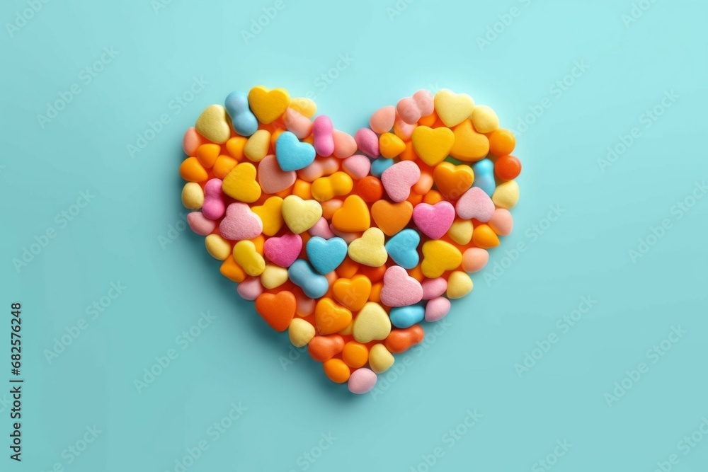 Multi-colored small candies with a heart-shaped layout. Background with selective focus and copy space Multi-colored small candies with a heart-shaped layout. Background with selective focus and copy space