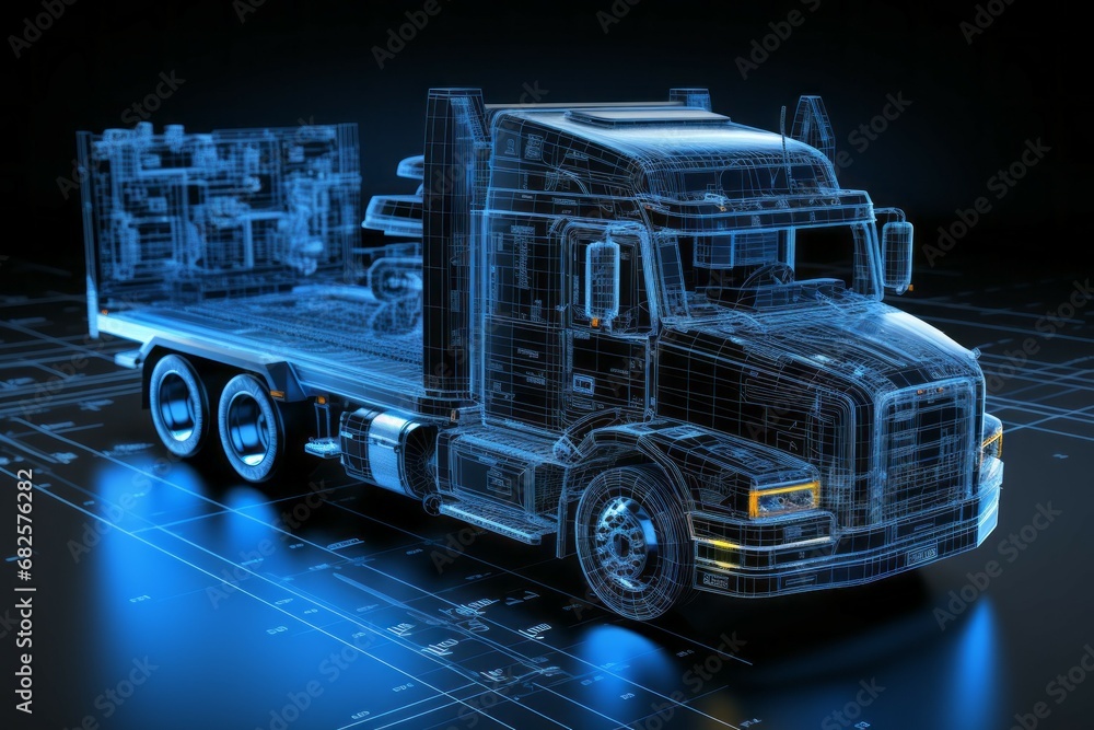 Graphic model of a cargo delivery truck. Background with selective focus and copy space