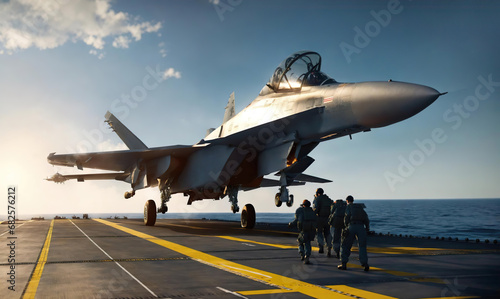Fighter Plane at Sunrise. Military aircraft carrier ship with fighter jets take off during a special operation at air force support at war zone. airforce. Generative ai