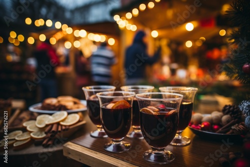 Mulled wine in glasses at a winter fair. Background with selective focus and copy space