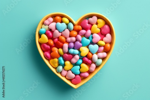 Multi-colored small candies in a heart-shaped box. Background with selective focus and copy space