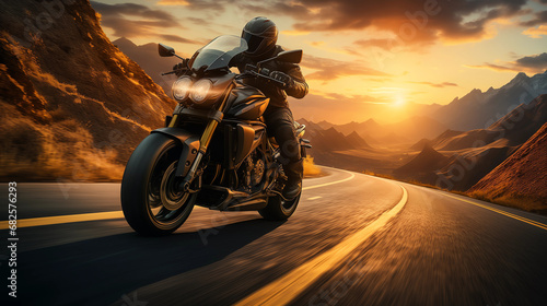 A motorcycle   motorcyclist riding down a scenic curvy road