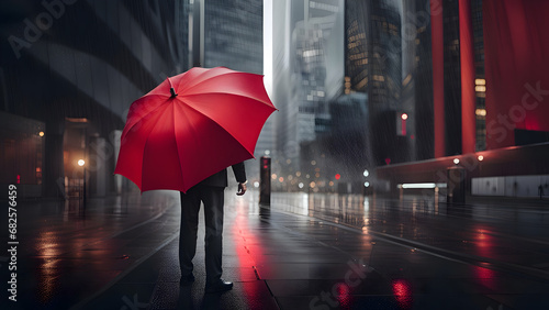 Businessman holding red umbrella in the rain in a big city (business concept)