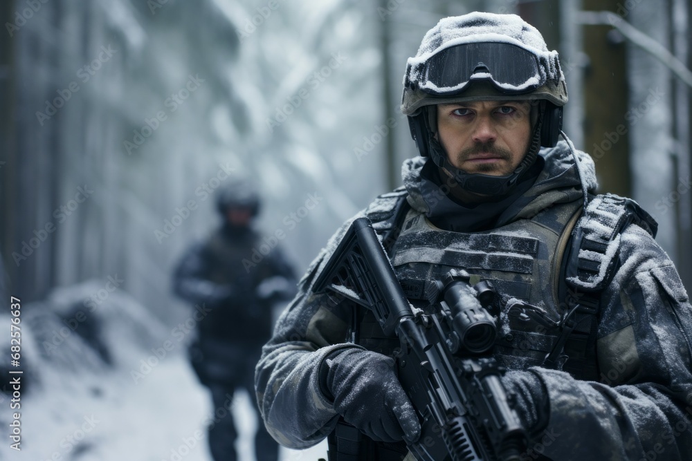 A soldier in a snowy winter at war. Portrait with selective focus and copy space for text A soldier in a snowy winter at war. Portrait with selective focus and copy space for text