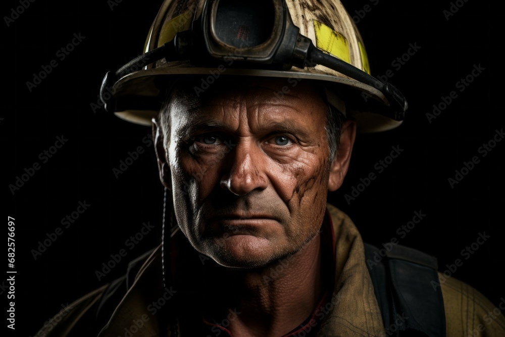 Male firefighter or rescuer. Portrait with selective focus and copy space Male firefighter or rescuer. Portrait with selective focus and copy space