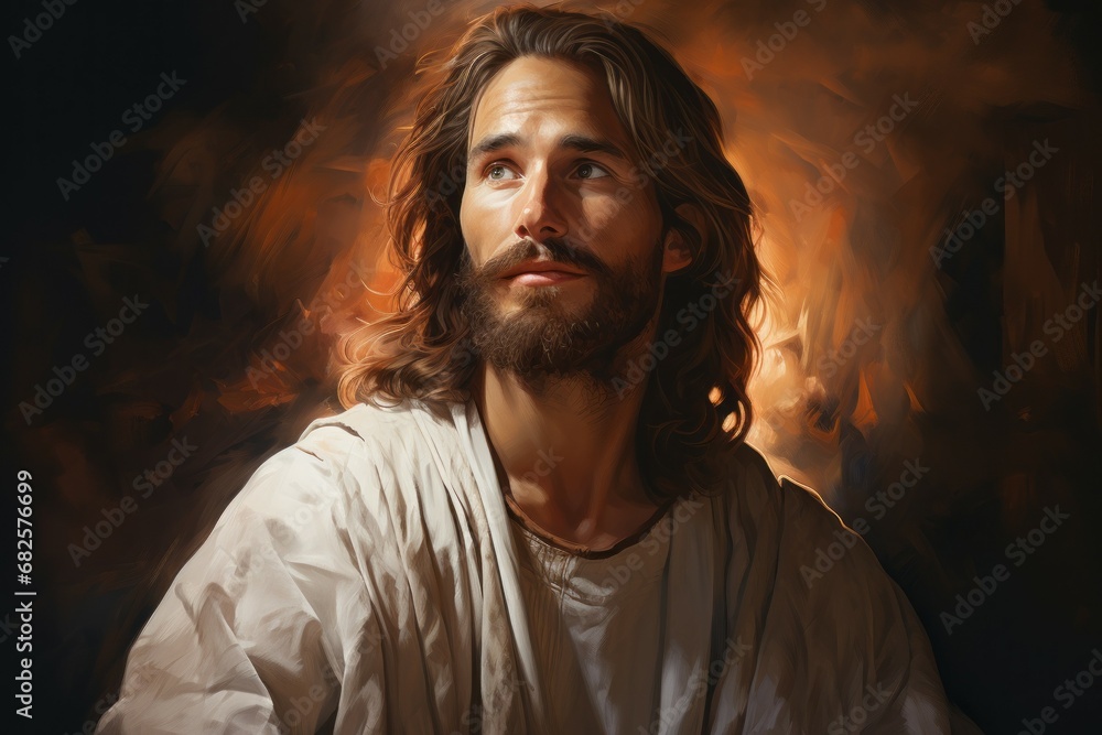 Jesus Christ in a drawing style in warm colors. Religious concept with selective focus and copy space Jesus Christ in a drawing style in warm colors. Religious concept with selective focus and copy space