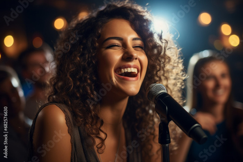 Happy woman singing karaoke. Background with selective focus and copy space