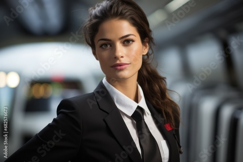 Female flight attendant. Top professions concept. Portrait with selective focus and copy space