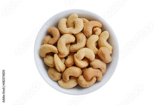 Bowl or dish of raw organic cashews that are salted and roasted