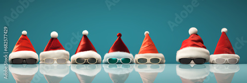Row of Santa hats and sunglasses - Christmas quirky charm - style - holiday fashion - blue background 