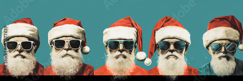 Five cool Santa’s wearing sunglasses - quirky charm - Christmas style - blue-green background - festive 