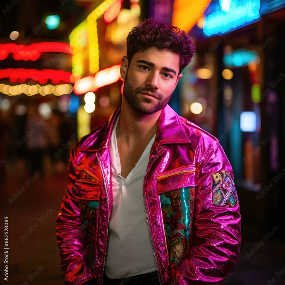Stylish Young Man in Vibrant Pink Jacket Posing in Neon-Lit City Night