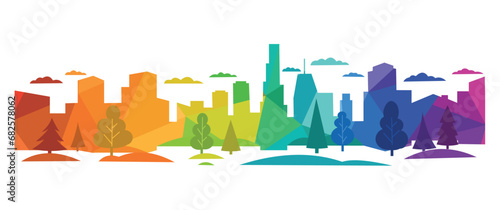 Light gray cityscape background. City buildings with trees at park view. Monochrome urban landscape with street. Modern architectural panorama in flat style. Vector illustration horizontal wallpaper photo