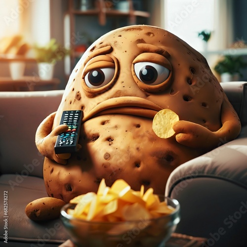 Illustration of a couch potato. A lazy demotivated couch potato sitting on a couch watching TV and eating chips. Laziness. Comfort zone. Lethargic. Generative AI photo